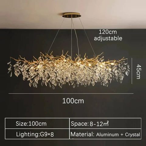 A modern 100cm wide gold aluminum chandelier with cascading clear crystal leaves for indoor villa lights fixture
