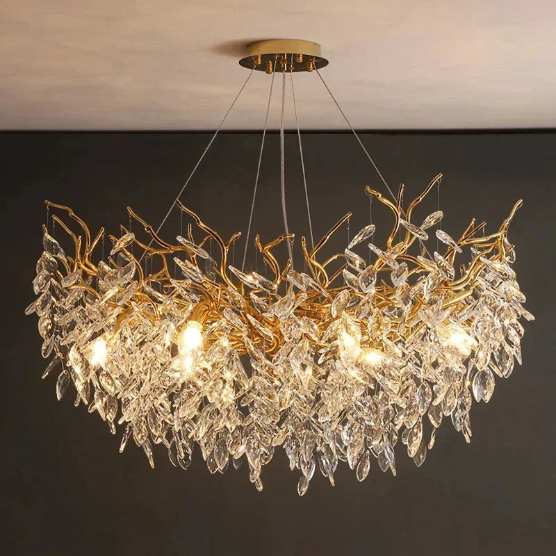 Luxury gold crystal led ceiling pendant lamp with intricate leaf design and shimmering crystals for indoor villa lights