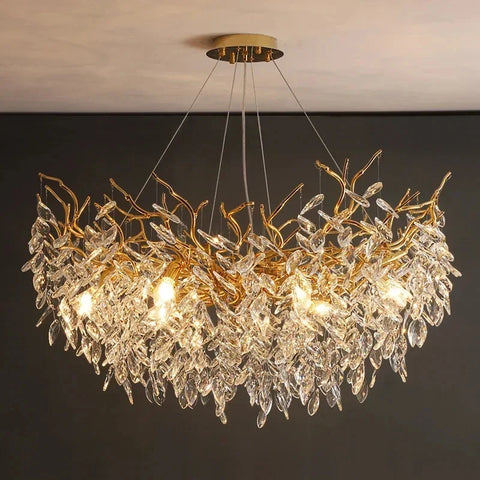 Luxury gold crystal led ceiling pendant lamp with intricate leaf design and shimmering crystals for indoor villa lights