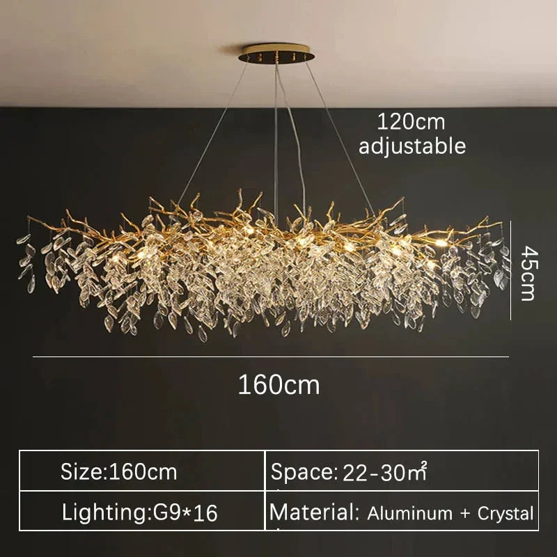 Gold-toned chandelier with cascading crystal leaves made from aluminum and crystal for indoor villa lights fixture