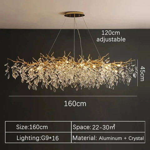 Gold-toned chandelier with cascading crystal leaves made from aluminum and crystal for indoor villa lights fixture