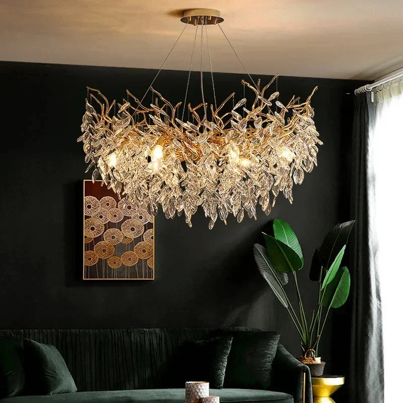 Golden leaf-shaped chandelier with clear crystal accents luxury gold crystal indoor villa lights fixture pendant lamp