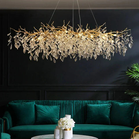 Luxury gold crystal branch-shaped chandelier with dangling leaves perfect as indoor villa lights fixture