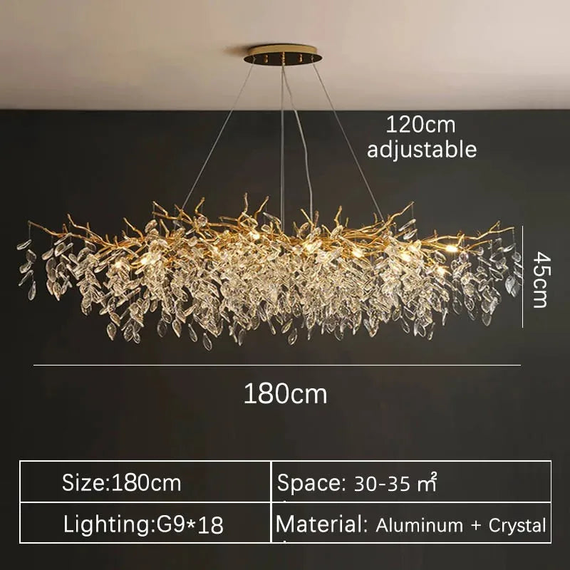 A luxurious 180cm gold aluminum chandelier with clear crystal leaves perfect for indoor villa lights fixture