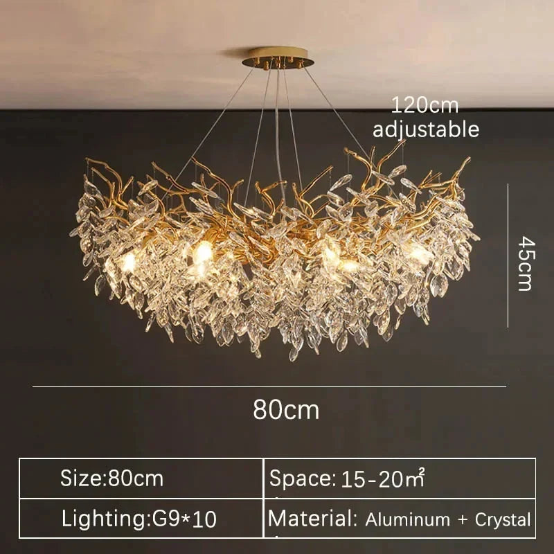 A luxurious gold-toned chandelier with cascading crystal leaves made of aluminum and crystal for indoor villa lights fixture