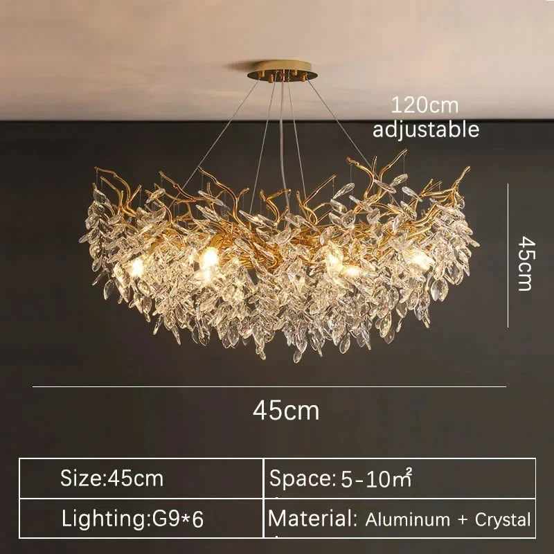 Luxury gold crystal led chandelier with cascading leaves and g9 bulbs made of aluminum for indoor villa lights fixture