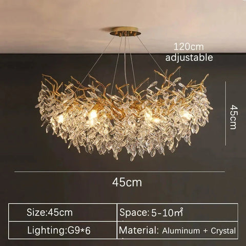 Luxury gold crystal led chandelier with cascading leaves and g9 bulbs made of aluminum for indoor villa lights fixture