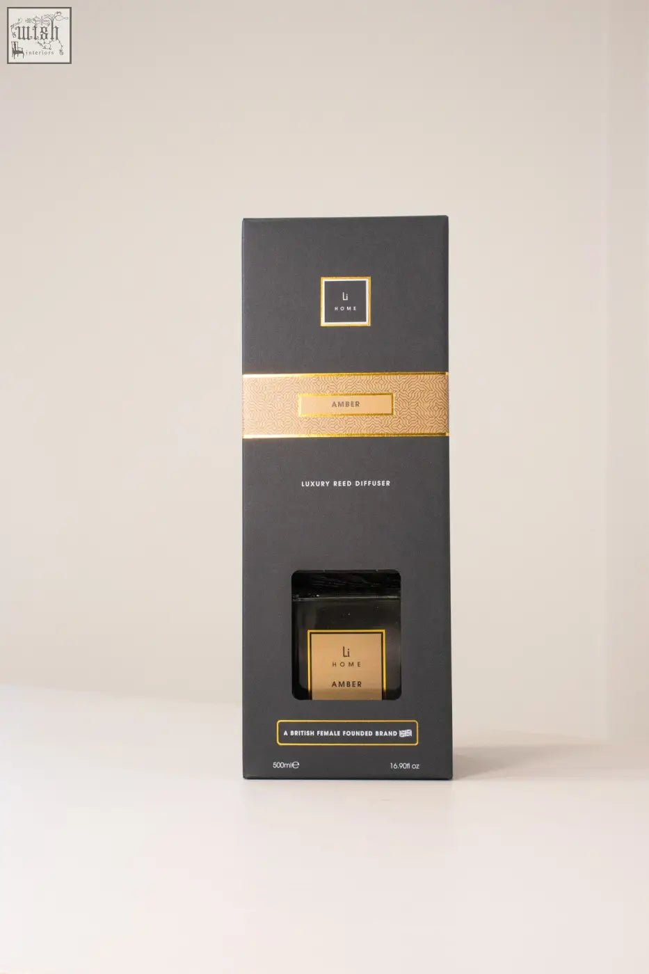 Luxury square diffuser amber with black and gold sleek packaging and amber scented reed sticks for home fragrance