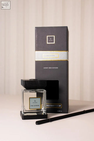 Elegant black and clear glass luxury reed diffuser with sleek square bottle labeled fig citrine by lhome