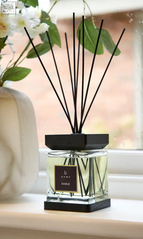 Black-framed glass luxury square diffuser with pale yellow liquid labeled li home sable for home fragrance