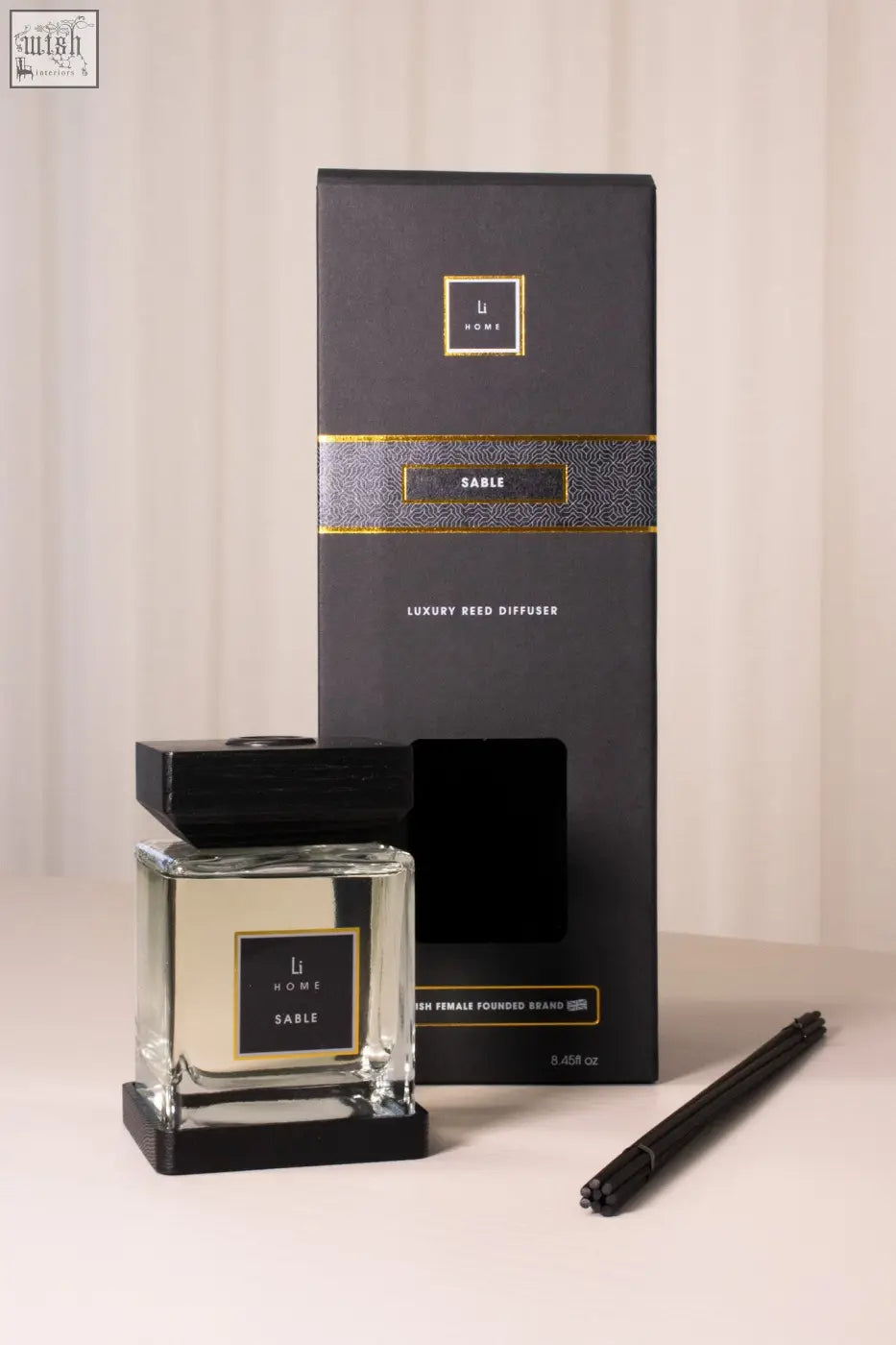 Black glass luxury square diffuser sable by li home with minimalist label and square base and lid