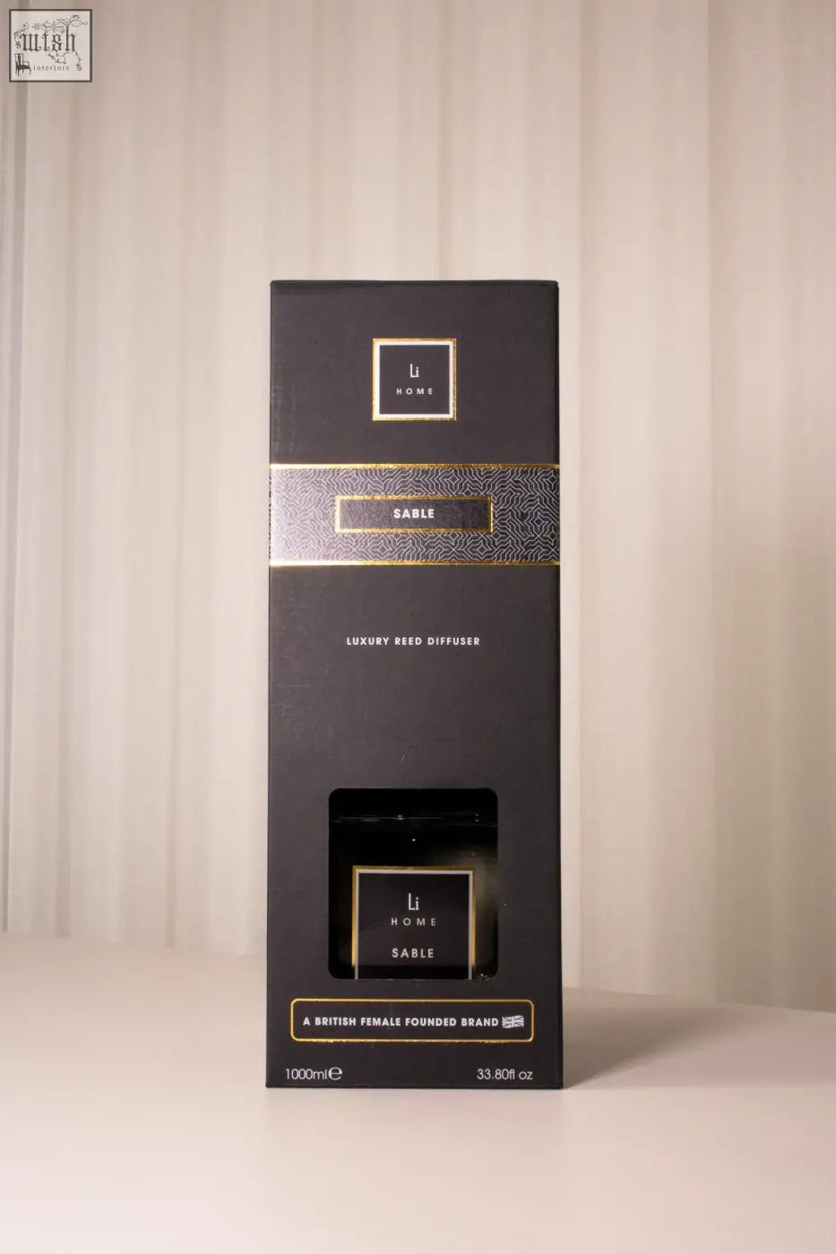 Black rectangular luxury reed diffuser with gold accents and sable branding in the luxury square diffuser collection