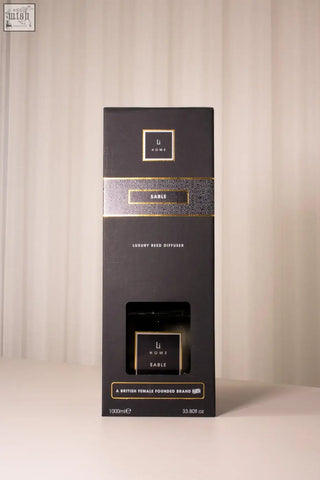 Black rectangular luxury reed diffuser with gold accents and sable branding in the luxury square diffuser collection