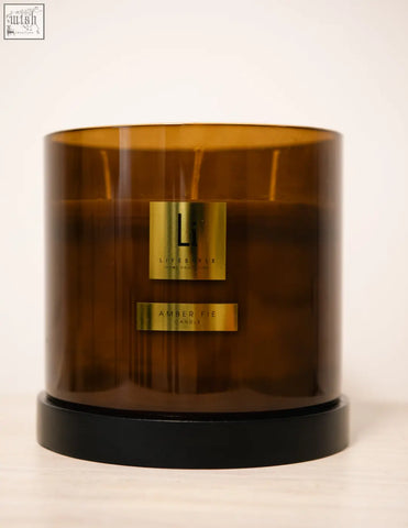 Amber fie luxury xxl candle in amber glass with gold labels and three wicks by lipes yale, 5kg size
