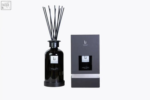 Black glass reed diffuser and matching box with sleek minimalist design for luxury sable onyx room fragrance