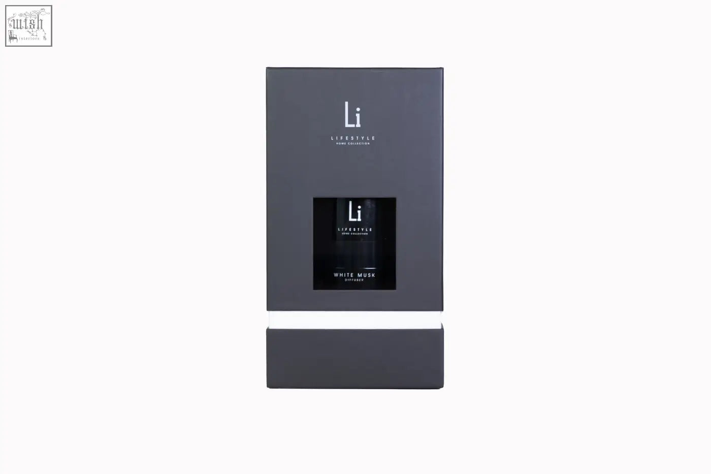 Black rectangular box with white stripe and li lifestyle branding holding a white musk luxury xxl room diffuser