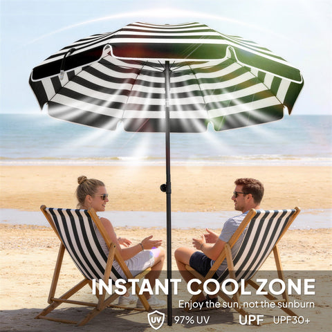Outsunny 1.8 m Beach Umbrella Parasol with Sand Anchor, Portable 30° Tilting Patio Sun Shade with Adjustable Height, Grey/White