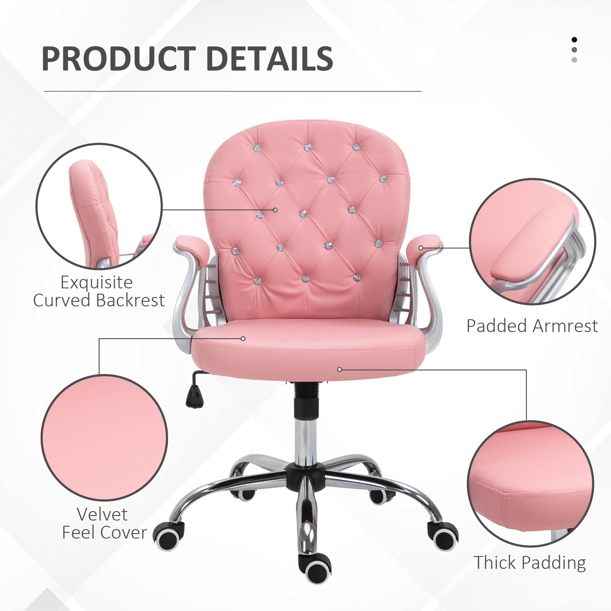 Vinsetto Office Chair Ergonomic 360\'c2\'b0 Swivel PU Diamante Padded Base 5 Castor Wheels for Home Work Pink