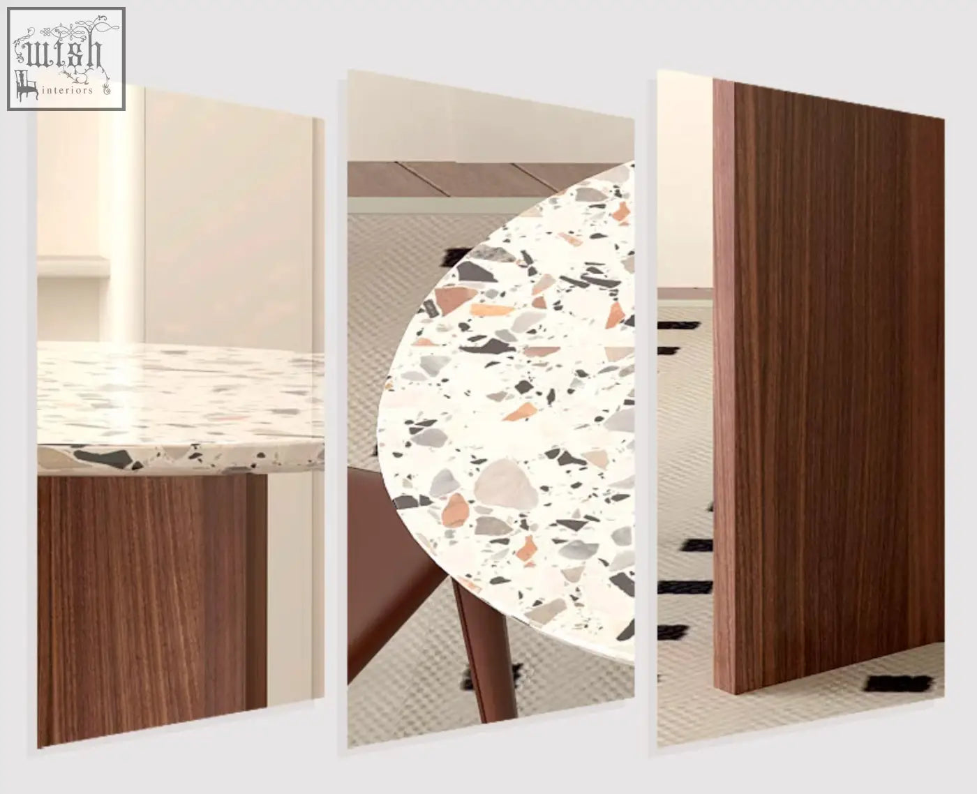 Terrazzo dining table lynette dining table with white base and gray black beige terracotta stone fragments on countertop