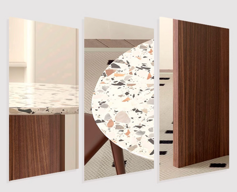 Lynette dining table with white terrazzo countertop featuring gray black beige and terracotta stone fragments oval dining table
