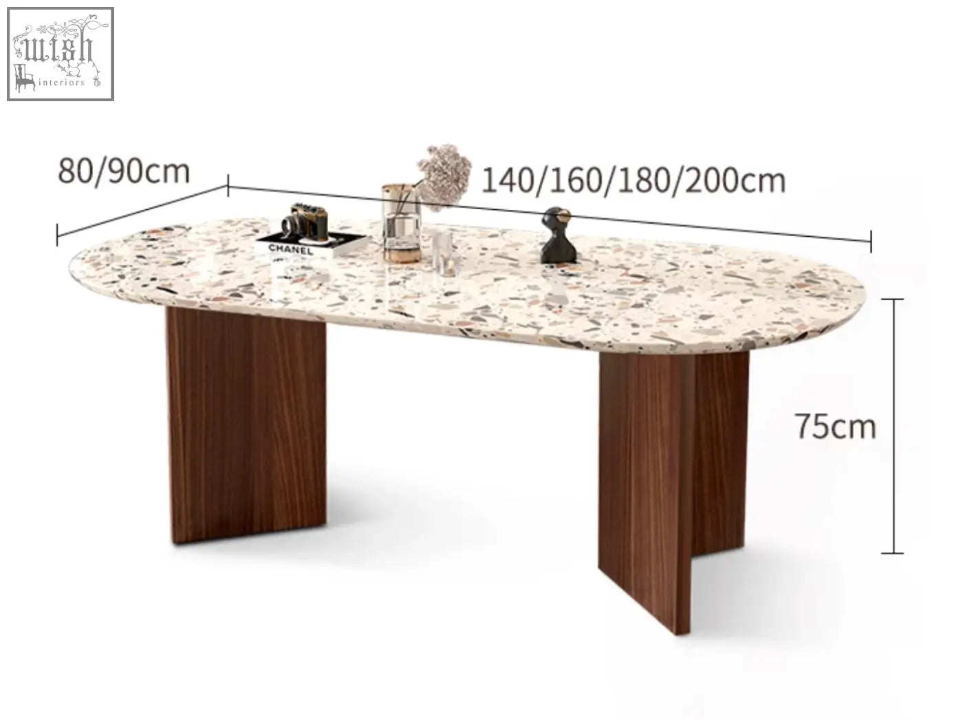 Modern lynette dining table with speckled terrazzo top and dark wood legs perfect as a terrazzo dining table