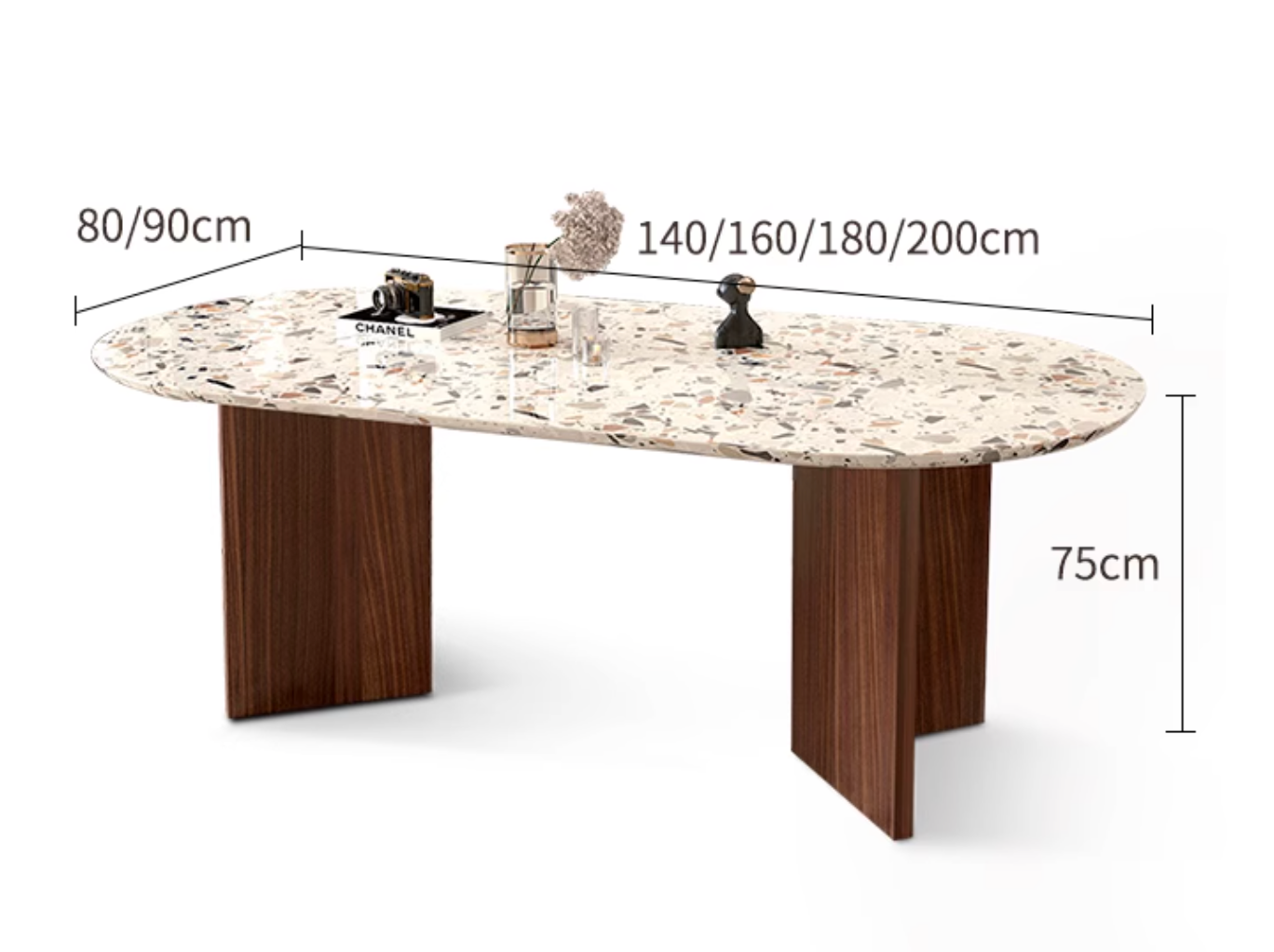 Modern lynette dining table with oval terrazzo top and dark wood legs perfect for stylish dining spaces