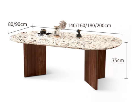 Modern lynette dining table with oval terrazzo top and dark wood legs perfect for stylish dining spaces