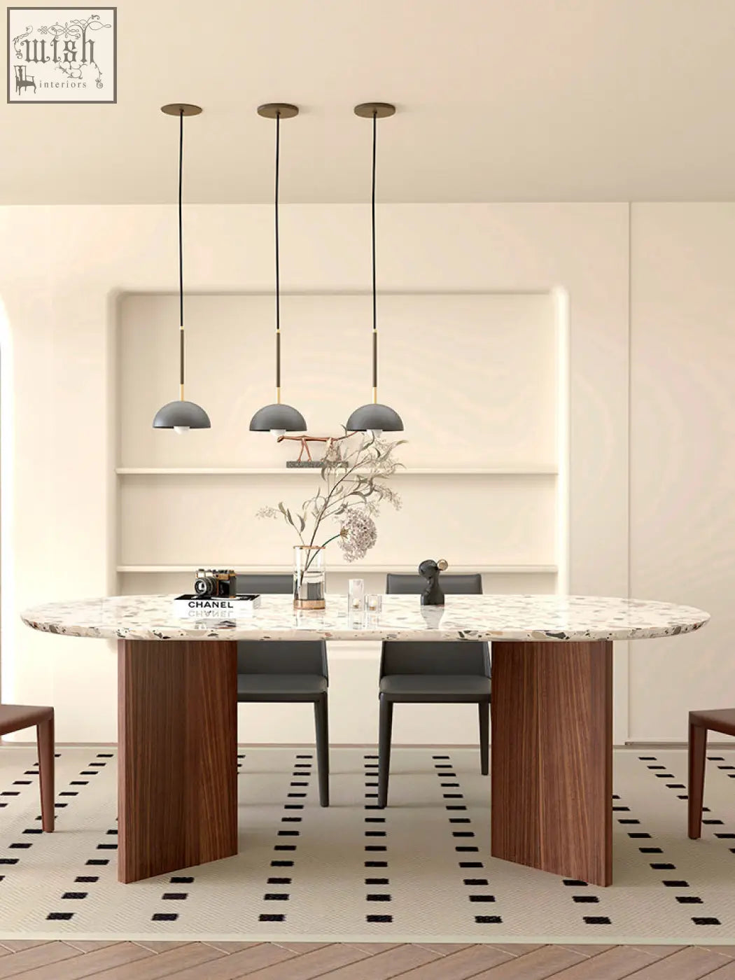 Modern oval lynette dining table with white gray terrazzo marble top and sleek dark wood legs