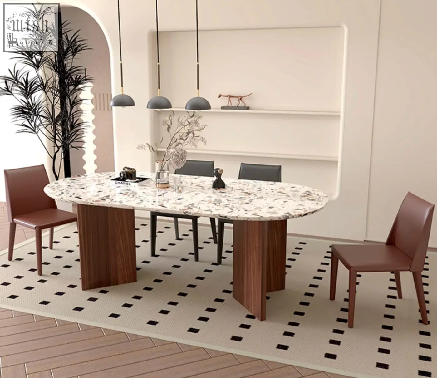 Modern lynette dining table with a white and gray speckled terrazzo marble top and dark wood legs