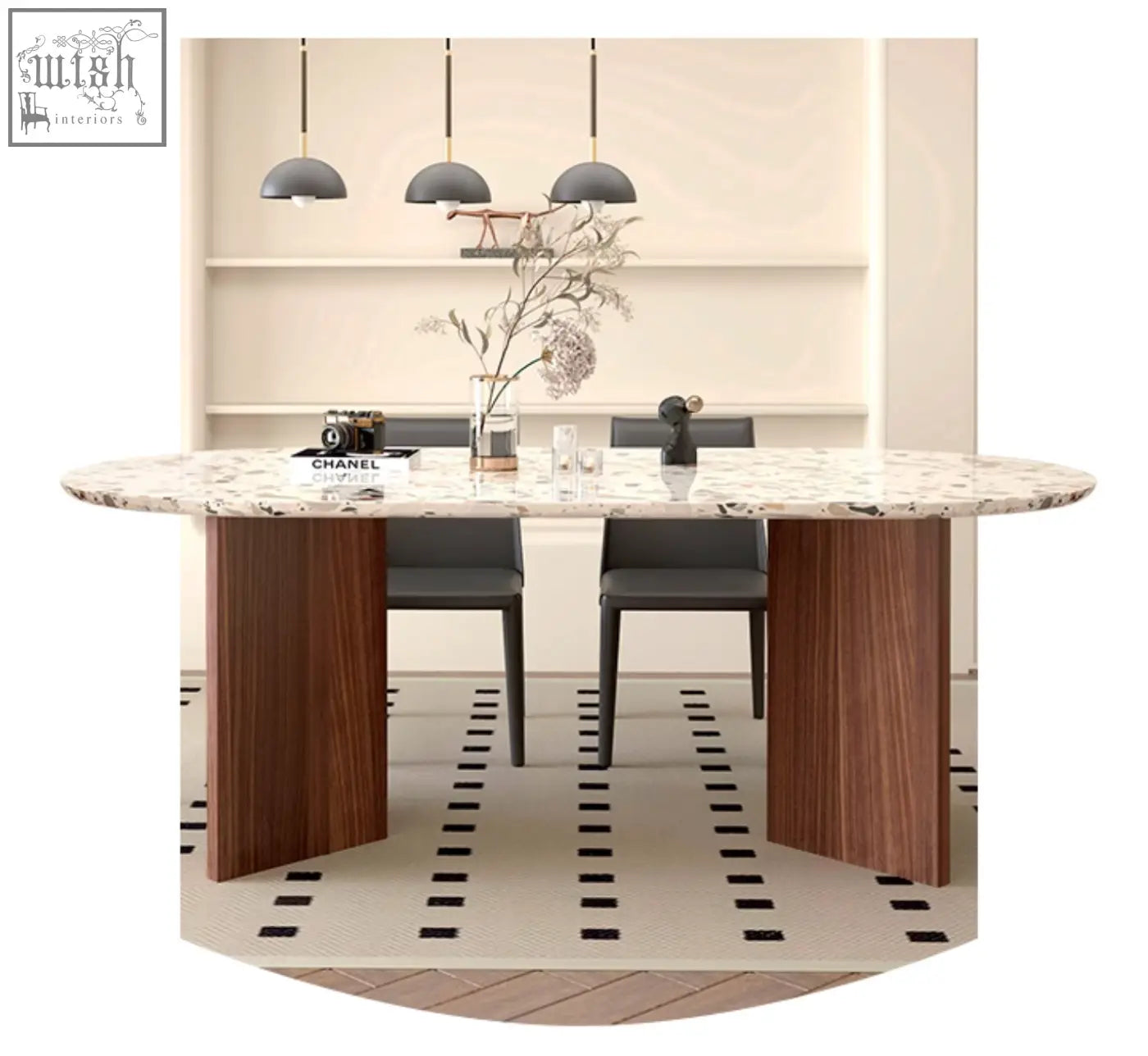 Modern oval lynette dining table with white and gray terrazzo marble top and dark wood legs for stylish dining room