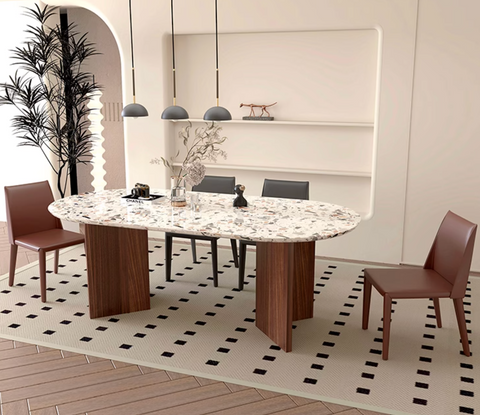 Modern oval dining table lynette dining table with white and gray speckled marble top and dark wood legs