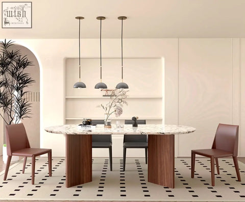 Modern lynette dining table with white marble top and dark wood legs perfect terrazzo dining table option