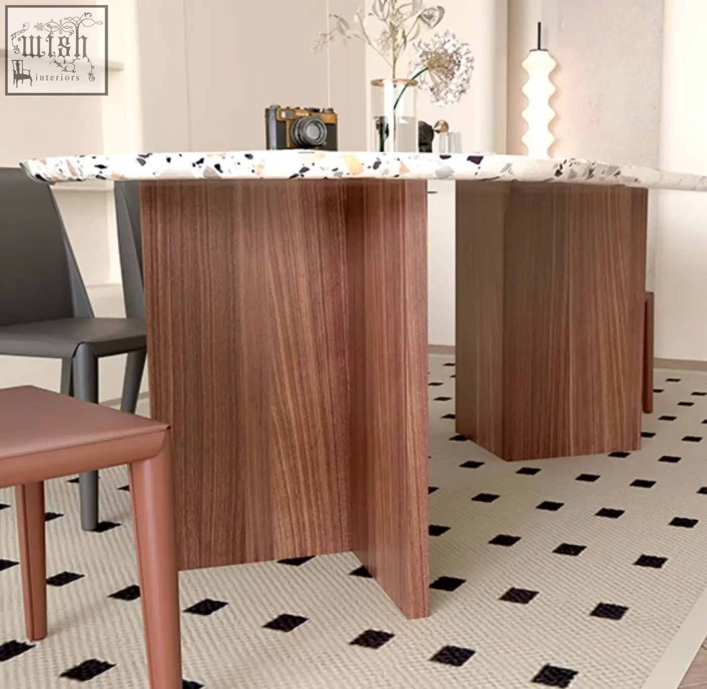 Modern lynette dining table with white and black terrazzo marble top and wood grain legs perfect for dining room