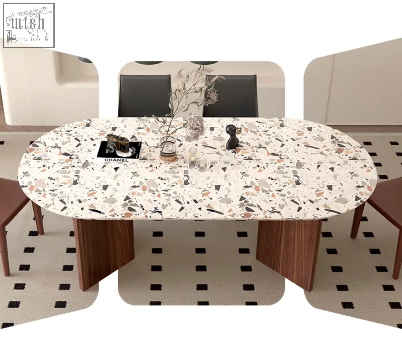 Oval lynette dining table with white terrazzo top speckled in gray black earth tones and wooden legs