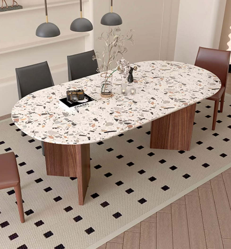 Lynette dining table oval dining table with white speckled terrazzo surface and wooden legs for dining room use