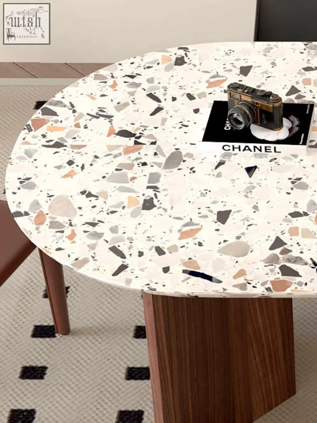 Round terrazzo dining table lynette dining table with white surface and gray black peach stone fragments