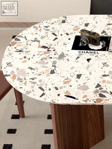 Round terrazzo dining table lynette dining table with white surface and gray black peach stone fragments