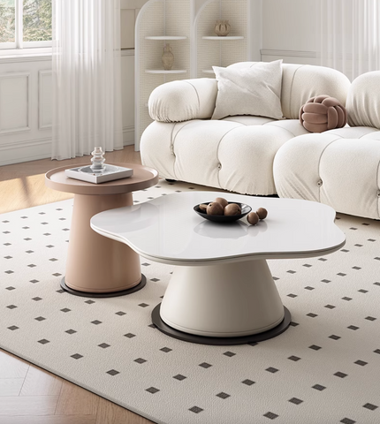 Modern white cloud shaped coffee table with glossy finish and beige base from lynn blossoms offering financing and shipping cost options
