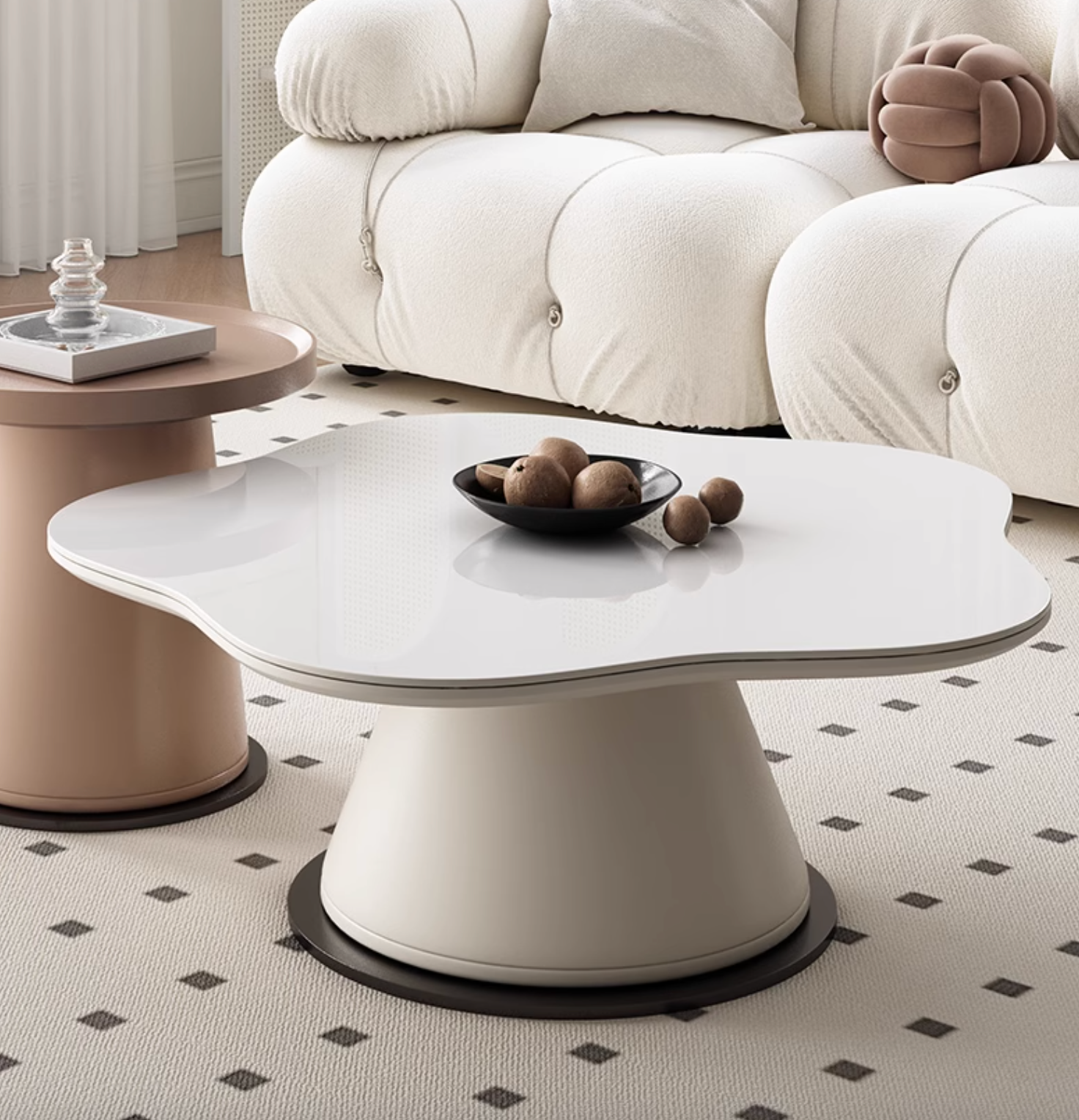 Modern white coffee table with glossy cloud like top and tapered base in lynn blossoms set offers financing and low shipping cost