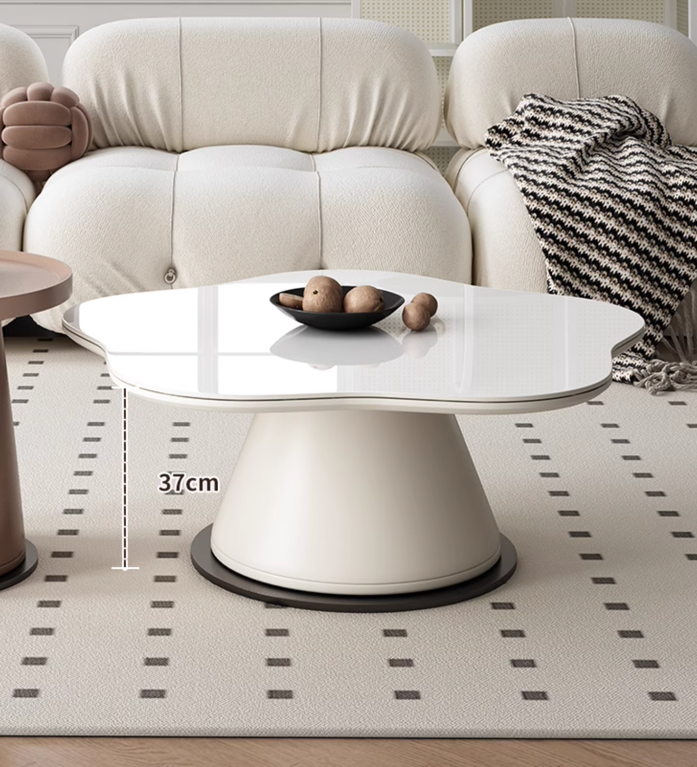 Modern white coffee table with glossy cloud-shaped top and sleek conical base from lynn blossoms offer financing and low shipping cost
