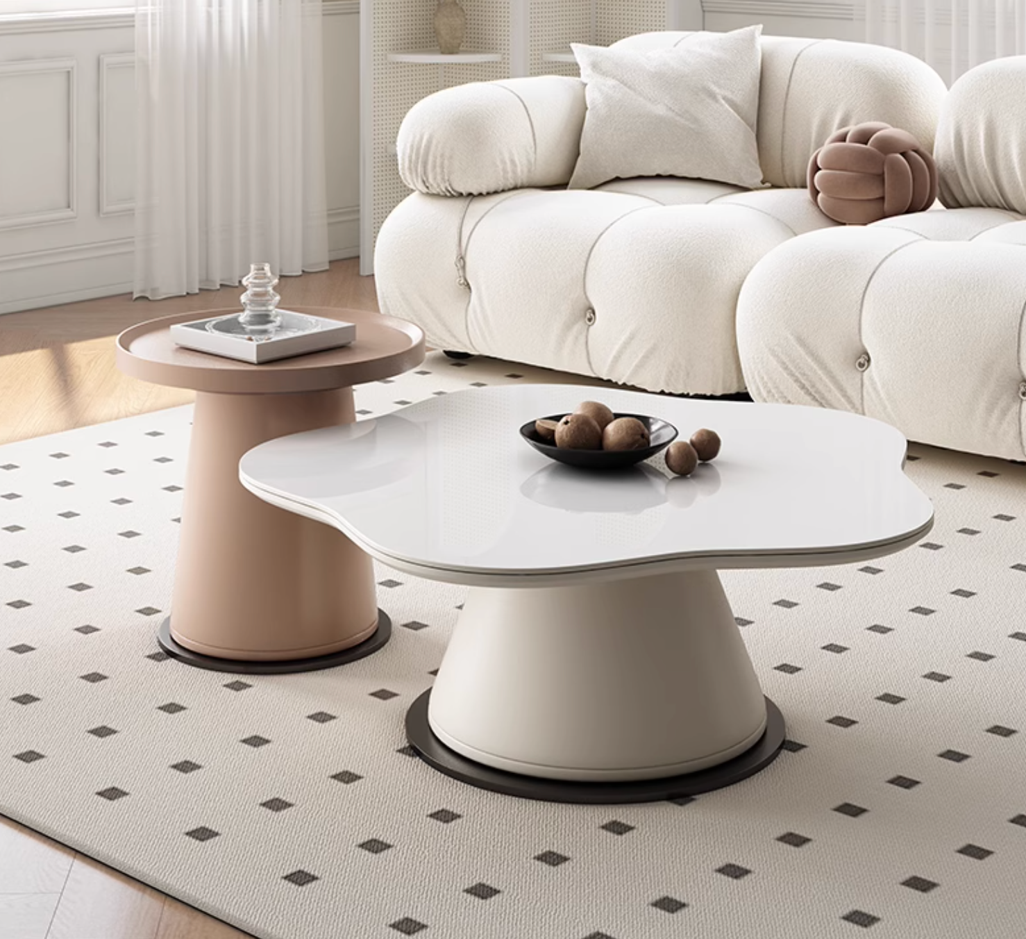 Modern white coffee table with glossy cloud-like top and tapered base from lynn blossoms set offer financing and low shipping cost