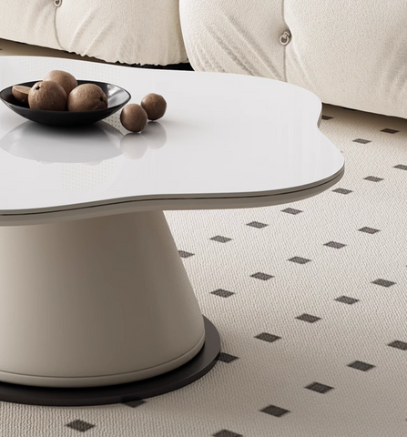 Modern white lynn blossoms coffee table with glossy organic top and sleek cylindrical base, offer financing and shipping cost options