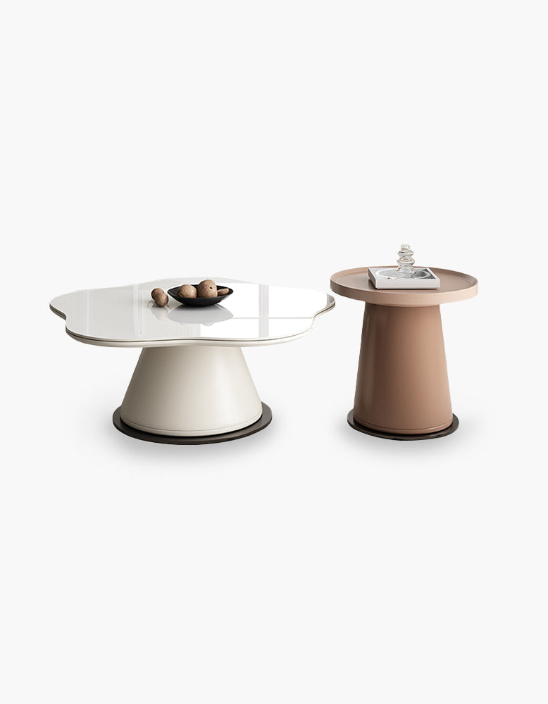Modern white coffee table with glossy cloud shaped top and sleek conical base in lynn blossoms set offer financing shipping cost