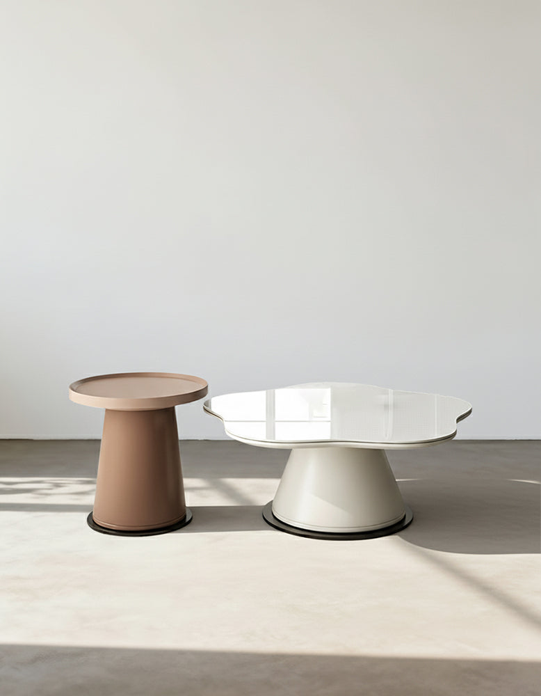 Lynn Blossoms coffee table with a sleek white glass top and matte beige base that offers financing and low shipping cost