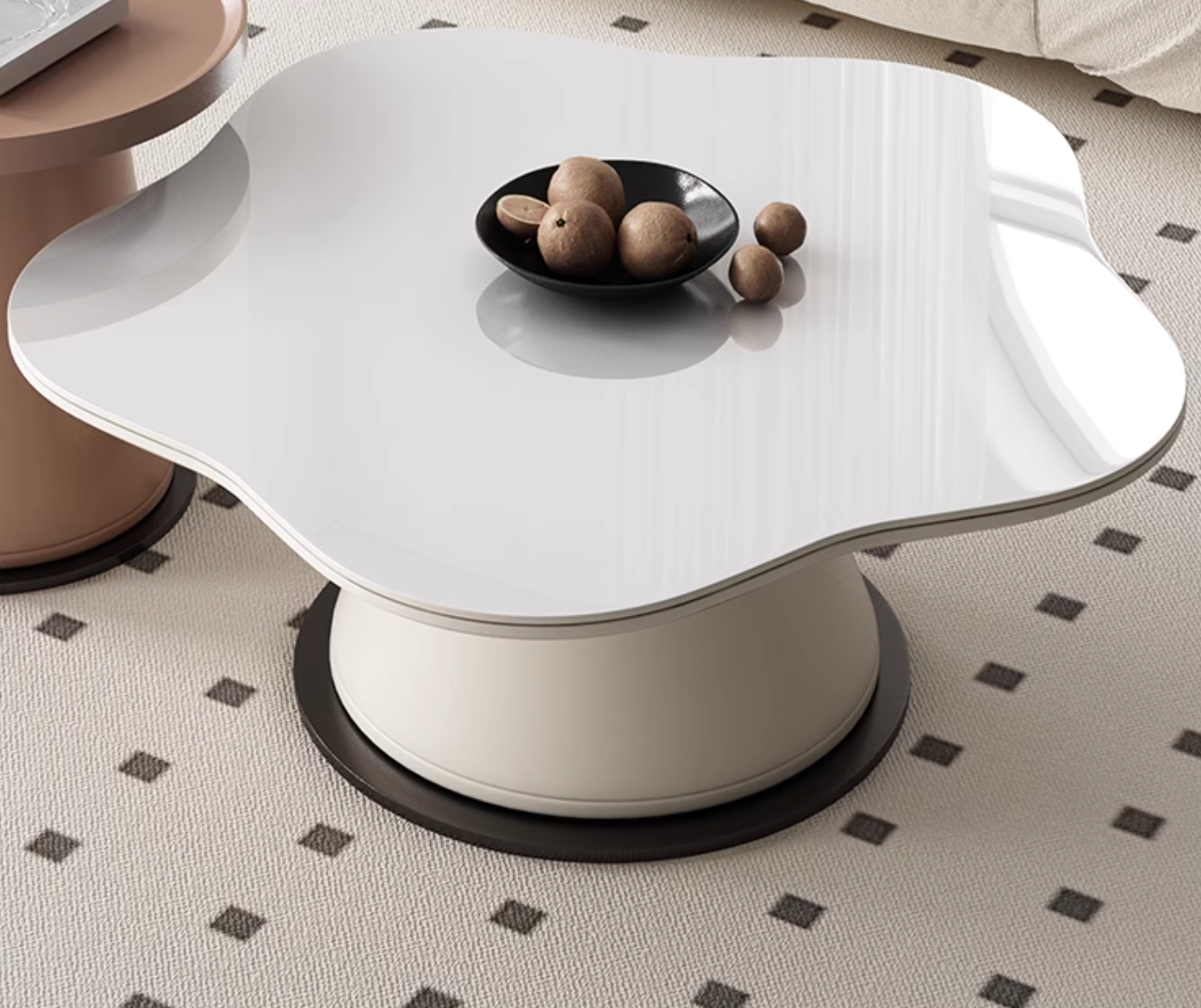 A sleek white cloud shaped coffee table with glossy finish and cylindrical base from lynn blossoms offer financing and shipping cost details available
