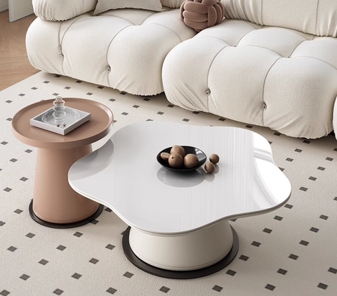 White cloud-shaped coffee table with glossy finish and cylindrical base from lynn blossoms offers financing and low shipping cost