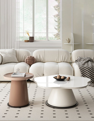 White cloud-shaped coffee table with glossy finish and sleek modern base in lynn blossoms coffee table set offer financing and shipping cost available