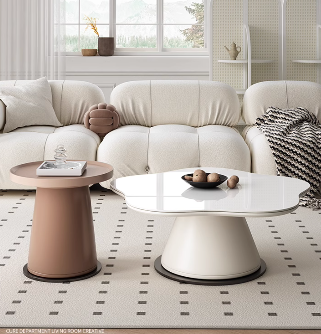 White cloud-shaped coffee table with glossy finish and sleek modern pedestal base from lynn blossoms set offer financing and shipping cost