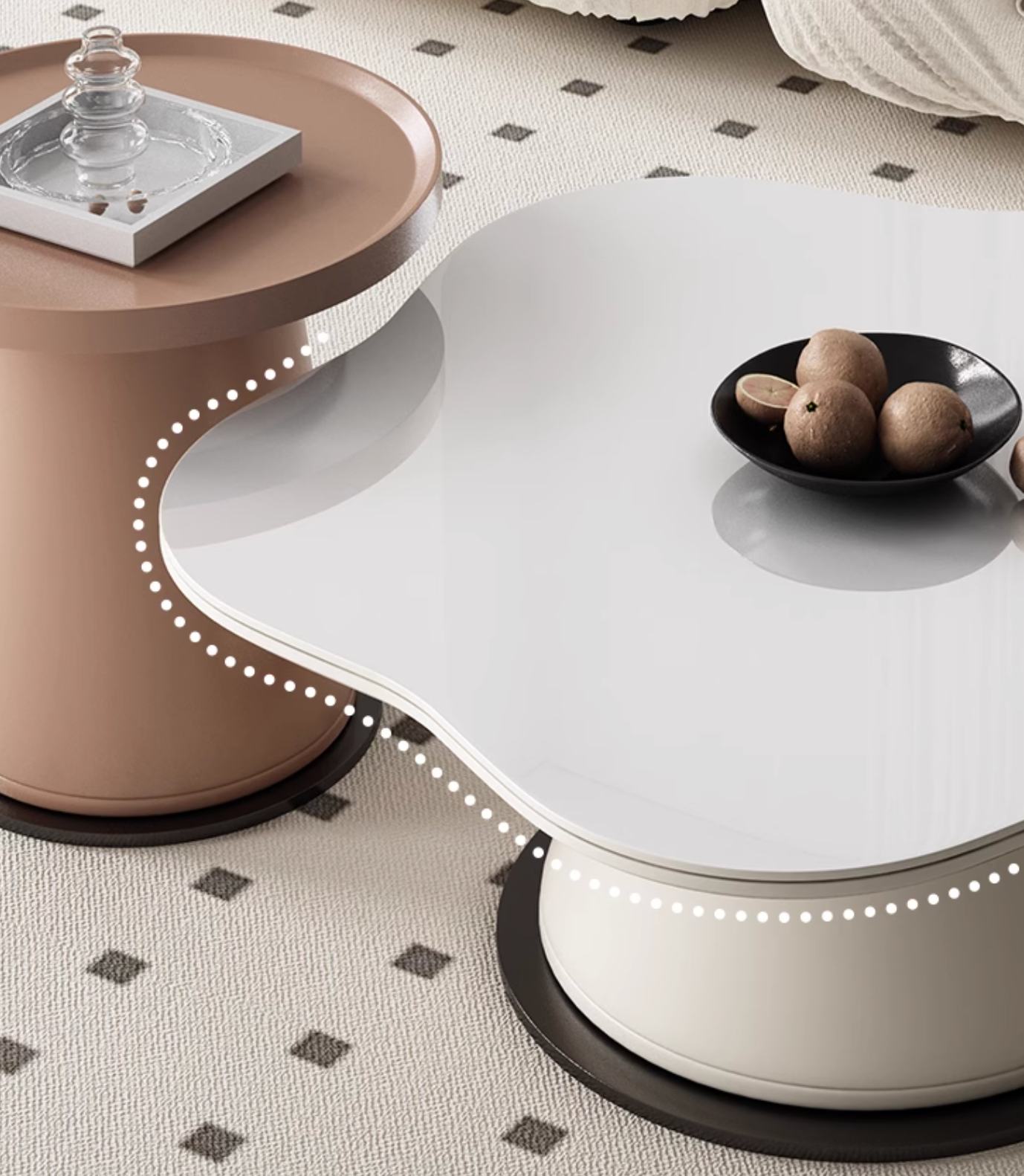 White glossy coffee table with fluid organic shape and sleek base in lynn blossoms set with offer financing and shipping cost info