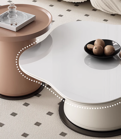 White glossy coffee table with fluid organic shape and sleek base in lynn blossoms set with offer financing and shipping cost info